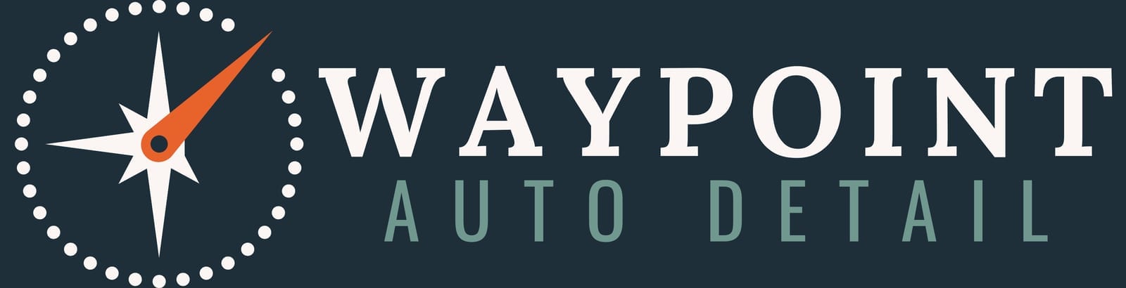 Waypoint Auto Detail logo featuring a white compass icon with an orange needle and the brand name in white and teal text on a dark navy background.