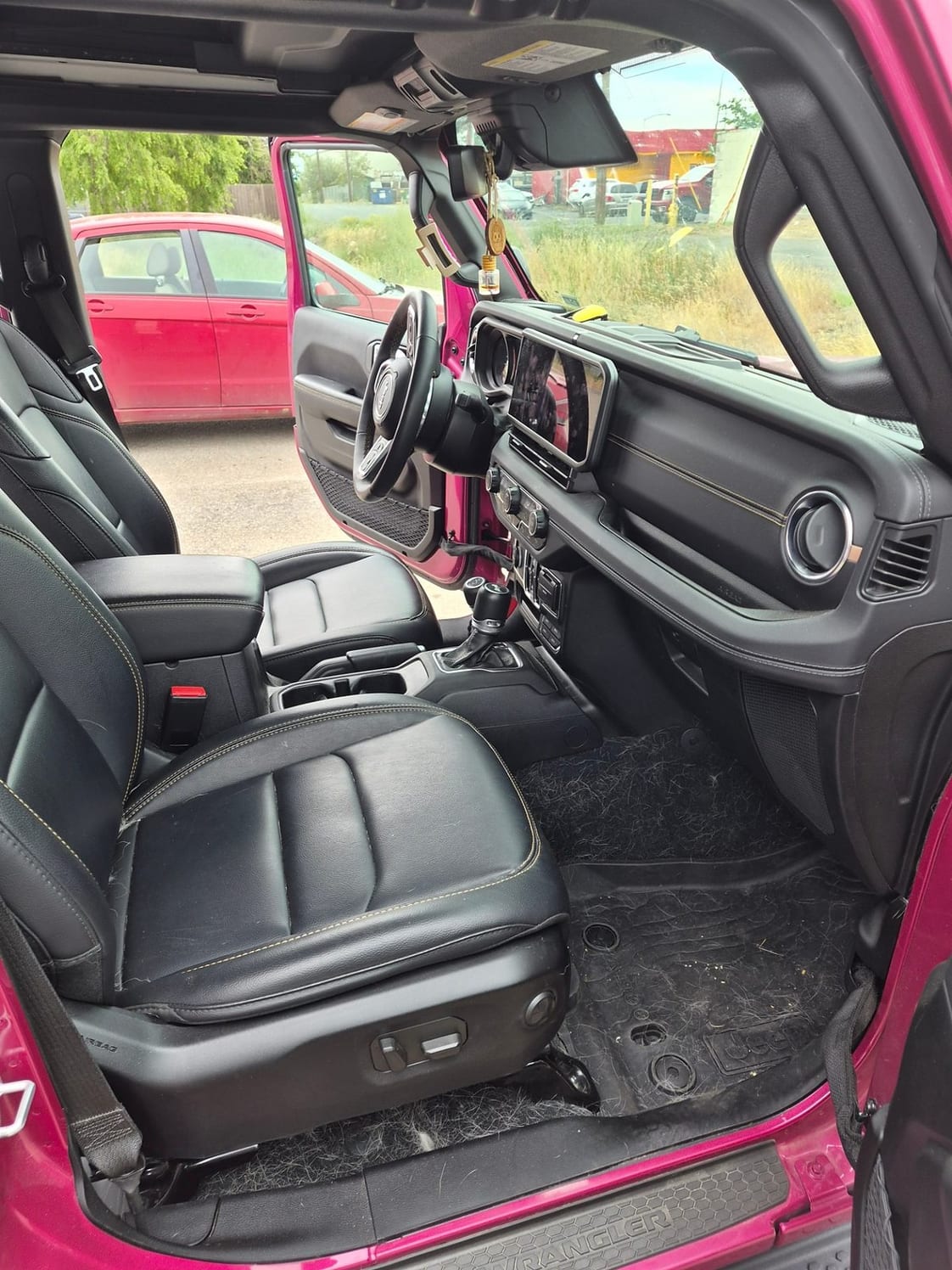 Pink Jeep Wrangler interior with a floor mat covered in dirt, hair, and debris, before detailing.