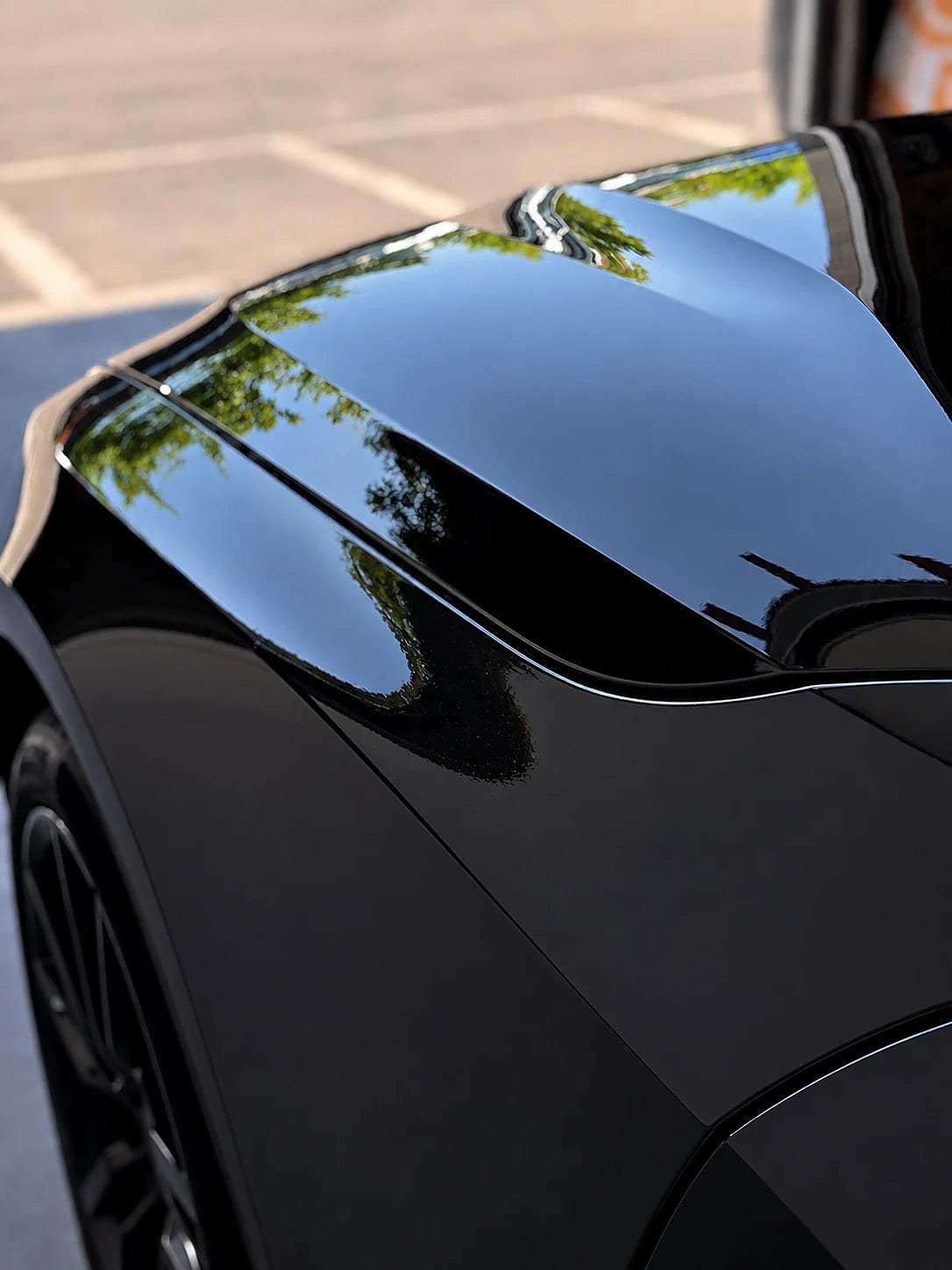 Close-up of a glossy black car’s rear fender and trunk area with sharp, mirror-like reflections of trees and sky, showing a swirl-free finish.