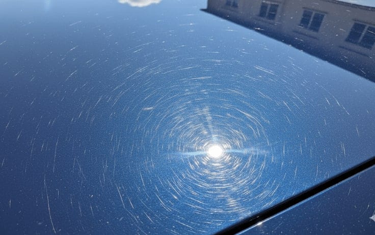 Close-up of a blue car hood in direct sunlight showing a dense web of fine circular swirl marks radiating around the reflected light source.